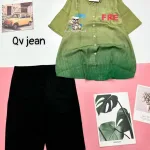 Đồ bộ quần ngố đen áo sơ mi tay ngắn cổ bẻ in hình gấu
