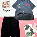 Đồ bộ quần ngố đen áo sơ mi tay ngắn cổ bẻ in hình gấu