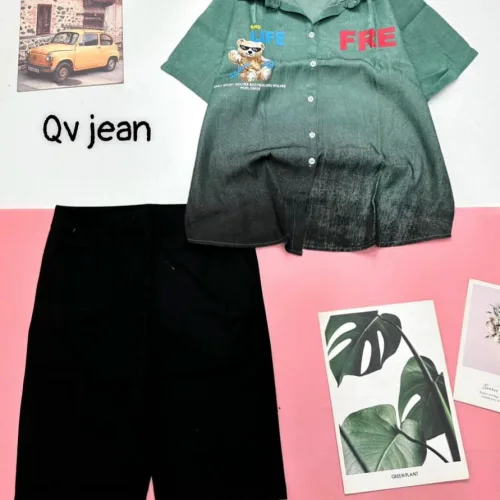 Đồ bộ quần ngố đen áo sơ mi tay ngắn cổ bẻ in hình gấu
