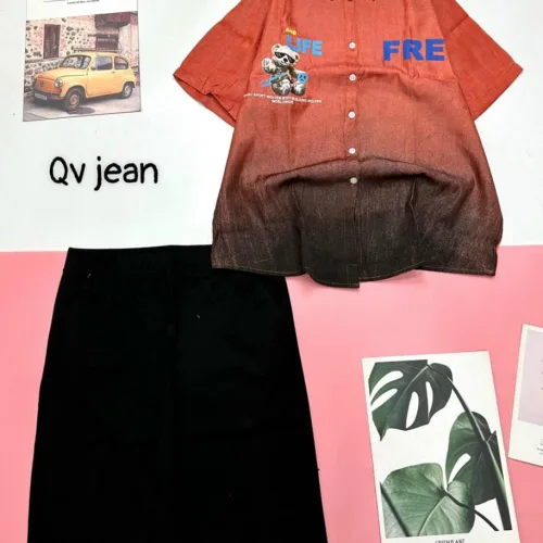 Đồ bộ quần ngố đen áo sơ mi tay ngắn cổ bẻ in hình gấu