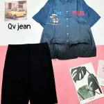 Đồ bộ quần ngố đen áo sơ mi tay ngắn cổ bẻ in hình gấu