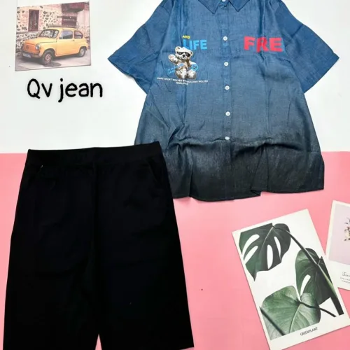 Đồ bộ quần ngố đen áo sơ mi tay ngắn cổ bẻ in hình gấu