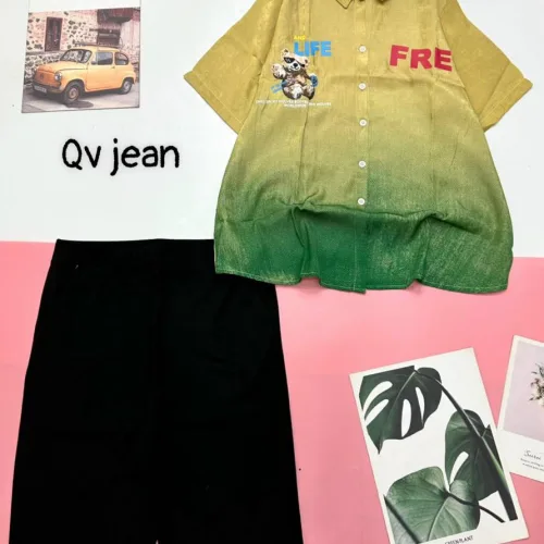 Đồ bộ quần ngố đen áo sơ mi tay ngắn cổ bẻ in hình gấu