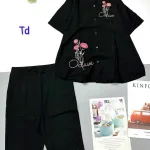 Đồ bộ quần ngố đen áo sơ mi tay ngắn cổ bẻ in hình hoa octave