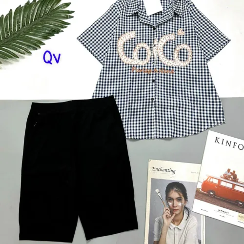 Đồ bộ quần ngố đen áo sơ mi tay ngắn in chữ COCO