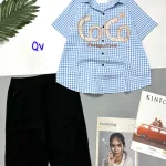 Đồ bộ quần ngố đen áo sơ mi tay ngắn in chữ COCO