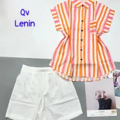 Đồ bộ quần trắng đùi áo sơ mi sọc túi