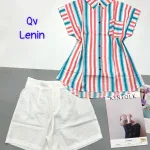 Đồ bộ quần trắng đùi áo sơ mi sọc túi