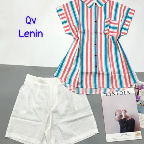 Đồ bộ quần trắng đùi áo sơ mi sọc túi