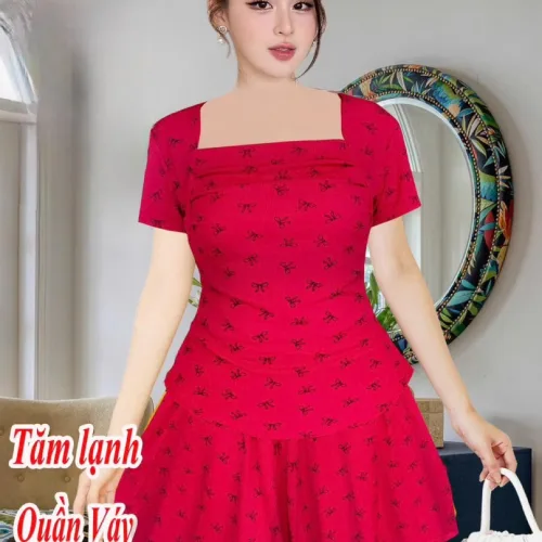 Đồ bộ quần váy áo tay ngắn nhún trước áo