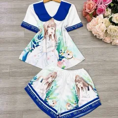 Đồ bộ satin mặc nhà quần đùi áo tay ngắn cổ bẻ hoạ tiết dể thương