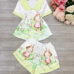 Đồ bộ satin mặc nhà quần đùi áo tay ngắn cổ bẻ hoạ tiết dể thương