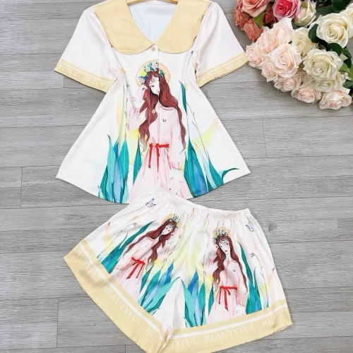 Đồ bộ satin mặc nhà quần đùi áo tay ngắn cổ bẻ hoạ tiết dể thương