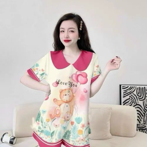 Đồ bộ satin mặc nhà quần đùi áo tay ngắn cổ bẻ hoạ tiết dể thương