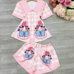 Đồ bộ satin mặc nhà quần đùi áo tay ngắn cổ bẻ hoạ tiết dể thương