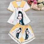 Đồ bộ satin mặc nhà quần đùi áo tay ngắn cổ bẻ hoạ tiết dể thương