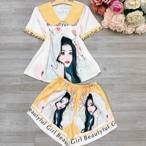 Đồ bộ satin mặc nhà quần đùi áo tay ngắn cổ bẻ hoạ tiết dể thương