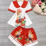 Đồ bộ satin mặc nhà quần đùi áo tay ngắn cổ bẻ hoạ tiết dể thương