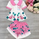 Đồ bộ satin mặc nhà quần đùi áo tay ngắn cổ bẻ hoạ tiết dể thương