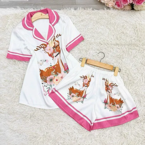 Đồ bộ satin mặc nhà quần đùi áo tay ngắn cổ bẻ in hình