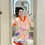 Đồ bộ satin mặc nhà quần đùi áo tay ngắn cổ bẻ in hình