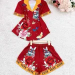 Đồ bộ satin mặc nhà quần đùi áo tay ngắn cổ bẻ in hình