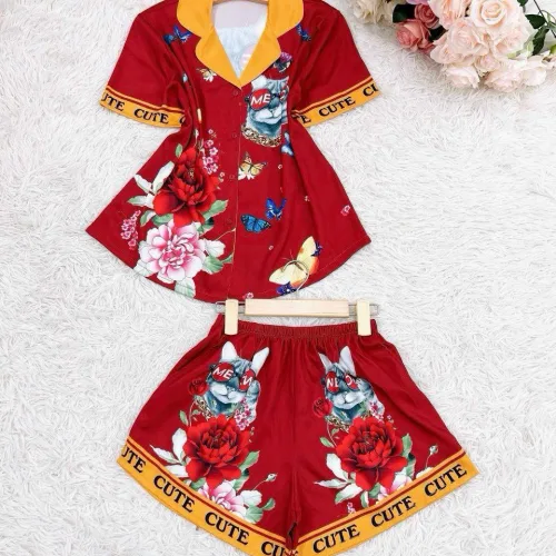 Đồ bộ satin mặc nhà quần đùi áo tay ngắn cổ bẻ in hình