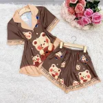 Đồ bộ satin mặc nhà quần đùi áo tay ngắn cổ bẻ in hình