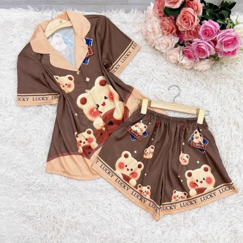 Đồ bộ satin mặc nhà quần đùi áo tay ngắn cổ bẻ in hình