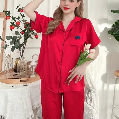 Đồ bộ satin quần lửng áo 2 sơ mi có túi trước may nơ nhỏ