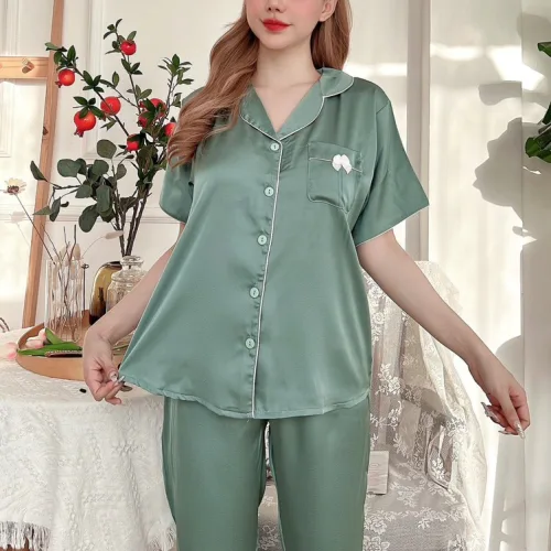 Đồ bộ satin quần lửng áo 2 sơ mi có túi trước may nơ nhỏ