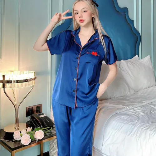 Đồ bộ satin quần lửng áo 2 sơ mi có túi trước may nơ nhỏ
