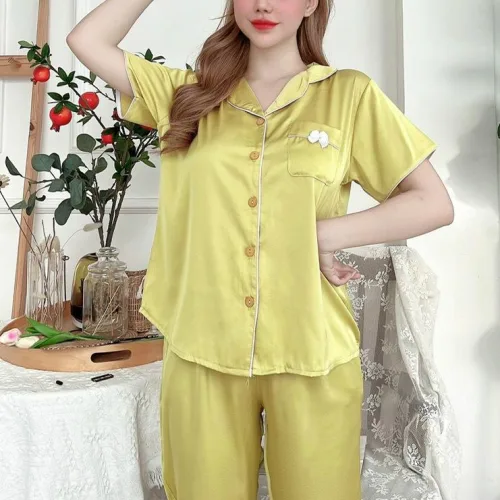 Đồ bộ satin quần lửng áo 2 sơ mi có túi trước may nơ nhỏ