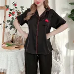 Đồ bộ satin quần lửng áo 2 sơ mi có túi trước may nơ nhỏ