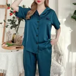Đồ bộ satin quần lửng áo 2 sơ mi có túi trước may nơ nhỏ