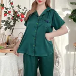 Đồ bộ satin quần lửng áo 2 sơ mi có túi trước may nơ nhỏ