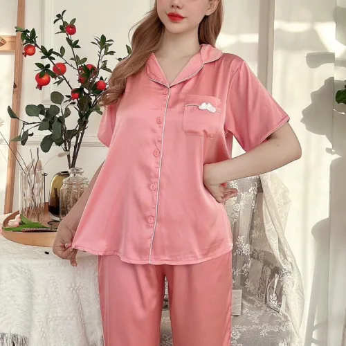 Đồ bộ satin quần lửng áo 2 sơ mi có túi trước may nơ nhỏ