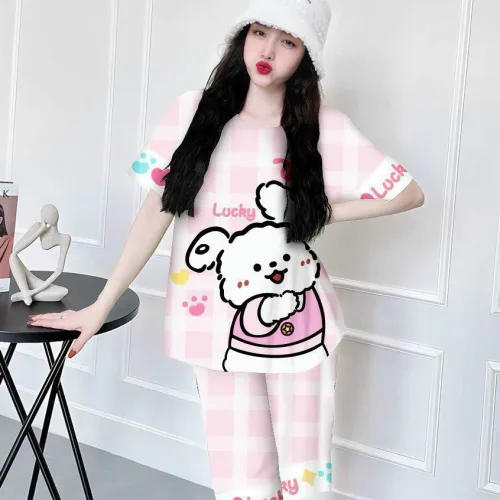 Đồ bộ satin quần lững áo cổ tròn in hình dể thương