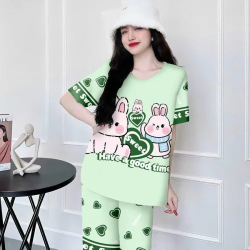 Đồ bộ satin quần lững áo cổ tròn in hình dể thương