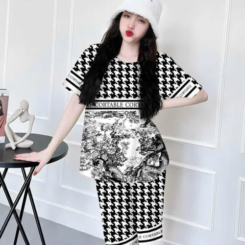 Đồ bộ satin quần lững áo cổ tròn in hình dể thương