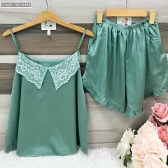 Đồ bộ  siêu mát quần đùi trơn áo hai dây cổ ren