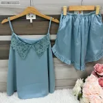 Đồ bộ  siêu mát quần đùi trơn áo hai dây cổ ren