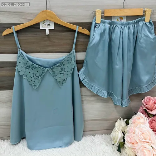 Đồ bộ  siêu mát quần đùi trơn áo hai dây cổ ren