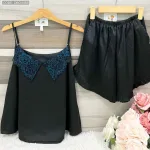 Đồ bộ  siêu mát quần đùi trơn áo hai dây cổ ren