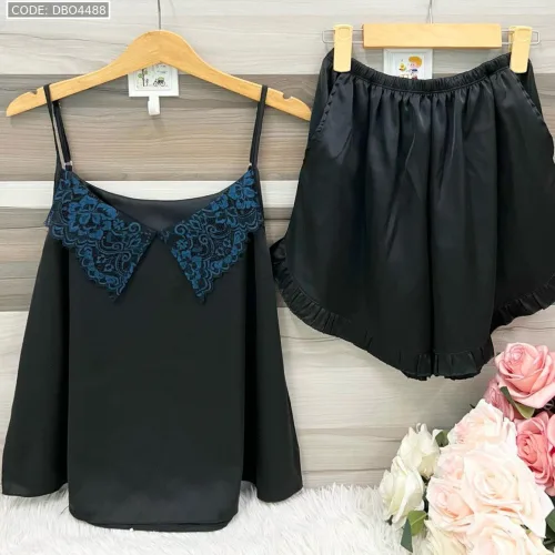Đồ bộ  siêu mát quần đùi trơn áo hai dây cổ ren
