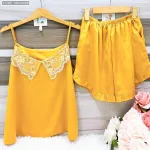 Đồ bộ  siêu mát quần đùi trơn áo hai dây cổ ren