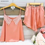 Đồ bộ  siêu mát quần đùi trơn áo hai dây cổ ren