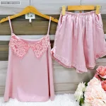 Đồ bộ  siêu mát quần đùi trơn áo hai dây cổ ren