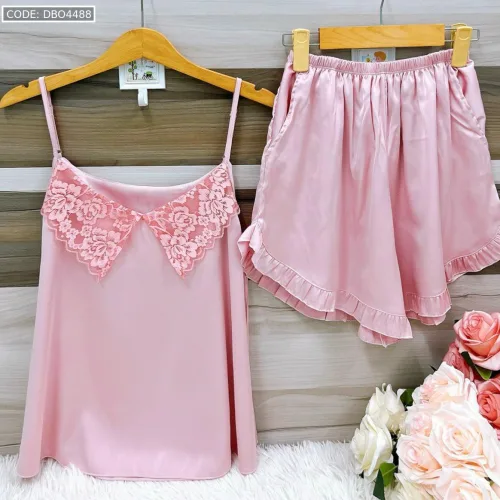 Đồ bộ  siêu mát quần đùi trơn áo hai dây cổ ren