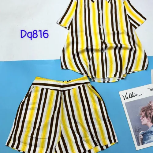 Đồ bộ sọc dài quần đùi áo sơ mi tay ngắn cổ bẻ